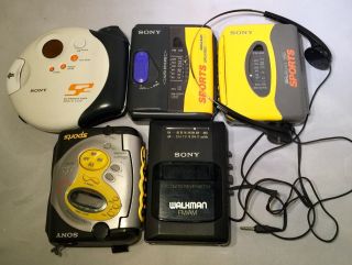 (5) Vintage Sony Sports Walkman Broken Parts Only Cd Sports Cassette