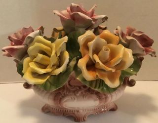 Vintage Large Capodimonte Flower Basket Roses Tabletop Centerpiece Made In Italy