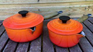 Vintage Le Creuset French 18 & 14cm Cast Iron Orange Enamel Pot Pan Set