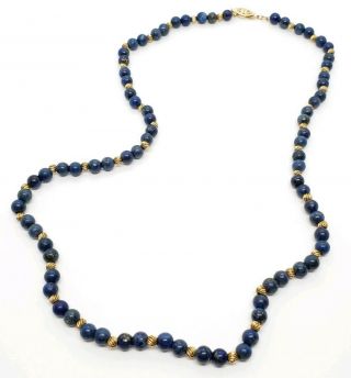 Vintage Signed 14k Gold Filled 6.  25mm Lapis Lazuli Round Beaded Strand Necklace