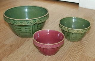 3 Vintage Stoneware Yellow Ware Mixing Bowls U.  S.  A.  5 " 6 " 9 "
