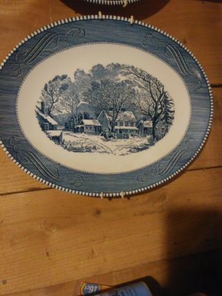 Currier And Ives 13” Oval Serving Platter The Old Grist Mill Blue And White Vtg