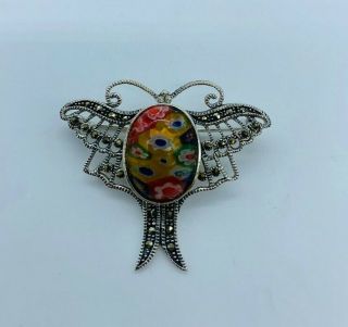 A Vintage Solid Silver And Marcasite Dragon Fly Brooch,  Millefiori Style Body.