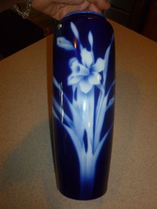 Art Pottery Vintage Cobalt Blue Porcelain Vase Floral 11 " Signed Iris Glazed
