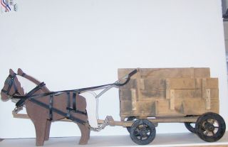 Vintage Folk Art Hand Made Wooden Horses And Wagon