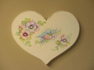 Shabby Chic Hand Painted Roses - Vintage Heart Plaque With Bluebird And Pansies