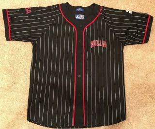 Vtg 90s Chicago Bulls Black/red Baseball Nba Pinstripe Starter Jersey Throwback