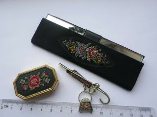 Vintage embroidery style umbrella brooch & similar pill box & mirror 2