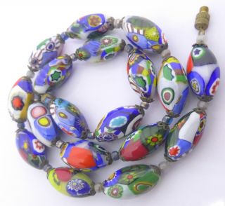 Vintage Millefiori Glass Bead Necklace - Oval Smooth Murano Glass Beads