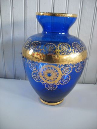 Vintage Bohemian Glass Cobalt Blue 9 " Vase With Gold Trim And Jewels