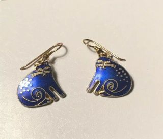 Laurel Burch Keshire Cat Vintage Blue Cloisonne Wire Earrings Signed