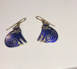 Laurel Burch Keshire Cat Vintage Blue Cloisonne Wire Earrings Signed 2