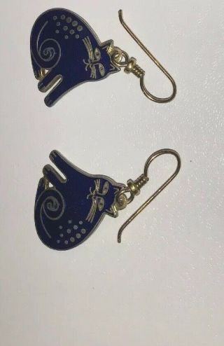Laurel Burch Keshire Cat Vintage Blue Cloisonne Wire Earrings Signed 3