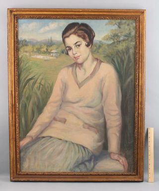 Vintage 1940s American Portrait Oil Painting Of Young Woman & Tennis Court,  Nr