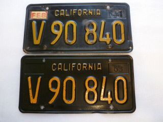 Vintage California Black & Yellow License Plate Set 1963 Ca