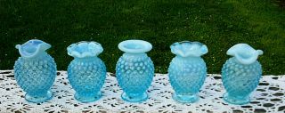 Fenton Blue Hobnail Opalescent Mini Vases (5) 3.  75 " T Vintage