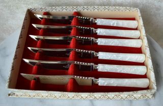 Vintage Knives,  Set Of 6 Bakelite Pearl White Handles Stainless Steel,  Sheffield
