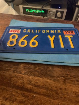 California Blue And Yellow License Plate 1980 Ca Vintage