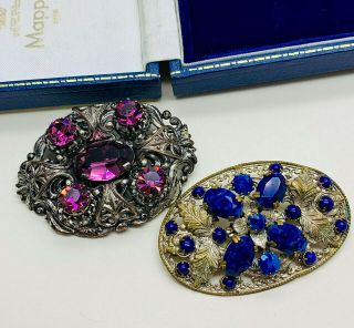 Vintage Jewellery 2 Czech Art Deco Rhienstone/cabochon Filigree Brooches/pins