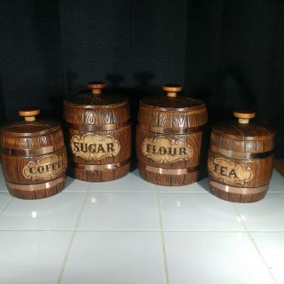 Vtg Wood Barrel Treasure Craft Ceramic Copper Trim Flour Sugar Tea Coffee Usa