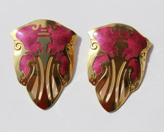 1990s Vintage Edgar Berebi Hot Pink Fuchsia Enamel Gold Tone Large Clip Earrings