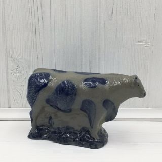 Vintage Rowe Pottery Salt Glazed Cobalt Stoneware Cow Figurine