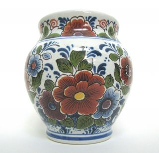 Oud Delft Holland Polychrome Multi - Color Sm Vase Rotund Shape - Flared Top Vtg Euc