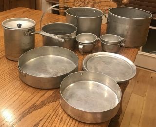 Vtg 17 Piece Aluminum Camping Nesting Cookware Set Plates,  Cups,  Pots,  Pans