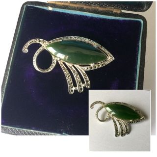 Vintage Art Deco Jewellery Silver Marcasite & Jade Brooch Dress Pin