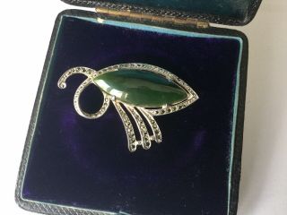 Vintage Art Deco Jewellery Silver Marcasite & Jade Brooch Dress Pin 2