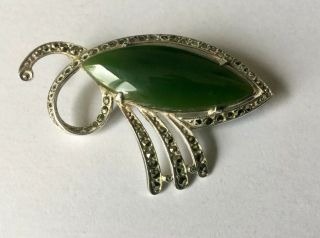 Vintage Art Deco Jewellery Silver Marcasite & Jade Brooch Dress Pin 3