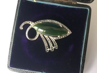 Vintage Art Deco Jewellery Silver Marcasite & Jade Brooch Dress Pin 5