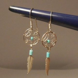 Vintage Native American Turquoise Sterling Silver Dream Catcher Earrings