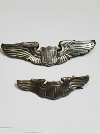 2 Vintage Wwii Sterling Silver Army Air Corps Pilot Wings Brooch 3 " & 2 " 34.  9g