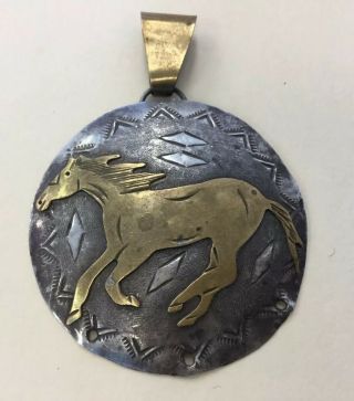 Vintage Two Tone Sterling Silver 925 Large Etched Horse Pendant Td1