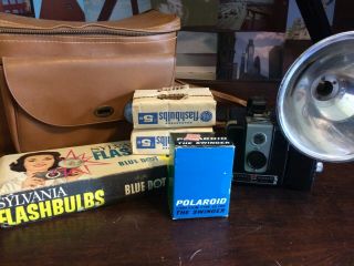 Kodak Brownie Hawkeye Flash Model Camera With Case,  15 Flash Bulbs,  And Film