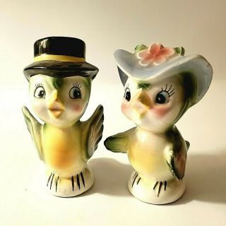 Vintage Anthropomorphic Mr And Mrs Bird In Hats Salt Pepper Shakers Japan Retro