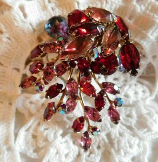 Vintage Juliana D&e Ruby Red And Pink Prong Set Rhinestone Statement Brooch Pin