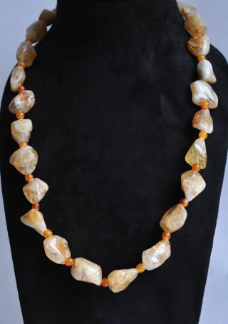 Spectacular Vintage Amber Quartz and Carnelian Bead Necklace w/Silver Clasp 2