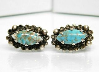 Vintage Mexico Sterling Silver Blue Stone Screw Back Earrings