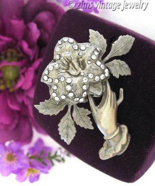 Vintage 40’s Reinad Repousse Lady Hand Flower Rhinestone Silver Brass Pin Brooch