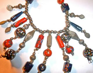 Colorful African Vtg Dangle Charms Hand - Painted Fimo Ethnic Silver Bead Necklace