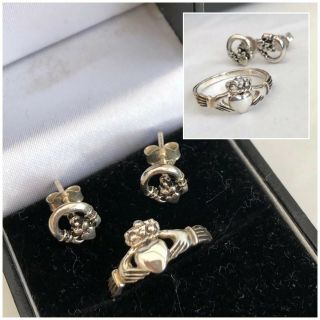 Vintage Sterling Silver 925 Claddagh Ring & Earrings - Size I