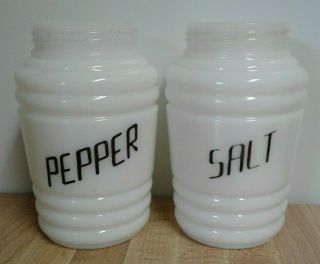 Vintage Hazel Atlas Salt & Pepper Shakers Milk Glass Beehive Ribbed With Black