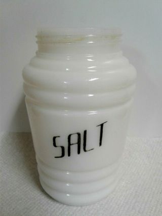 Vintage Hazel Atlas Salt & Pepper Shakers Milk Glass Beehive Ribbed With Black 2