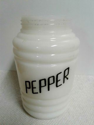 Vintage Hazel Atlas Salt & Pepper Shakers Milk Glass Beehive Ribbed With Black 4