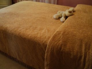 Vintage,  Gold,  Chenille Bedspread - Queen Size - 100 " X 120 " - W/twisted Fringe