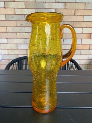 Vintage Mid Century Yellow Amber Crackle Glass Pitcher 12”