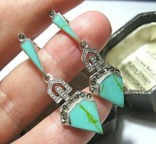 Vintage Style Art Deco Sterling Silver Marcasite Turquoise Geometrical Earrings