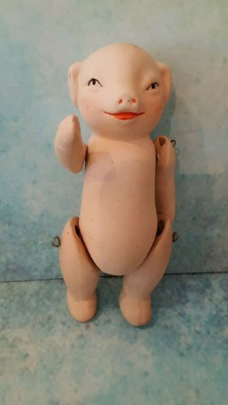 Cute Little " Hertwig " Vintage Style Bisque Porcelain Jointed Daddy Pig Doll